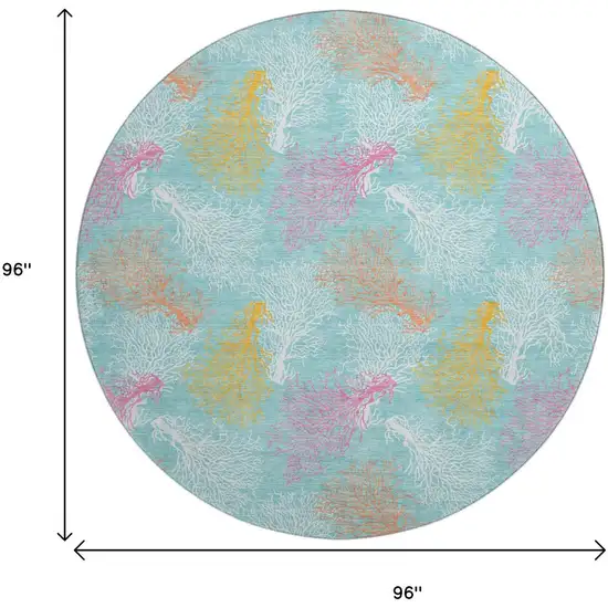 8' Aqua Orange And Pink Geometric Washable Round Rug With UV Protection Photo 3