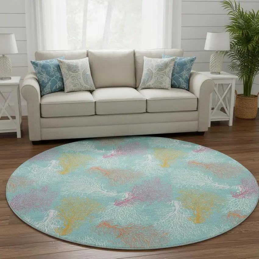 8' Aqua Orange And Pink Geometric Washable Round Rug With UV Protection Photo 1