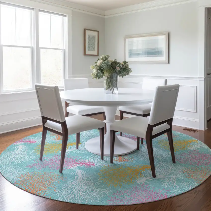 8' Aqua Orange And Pink Geometric Washable Round Rug With UV Protection Photo 4
