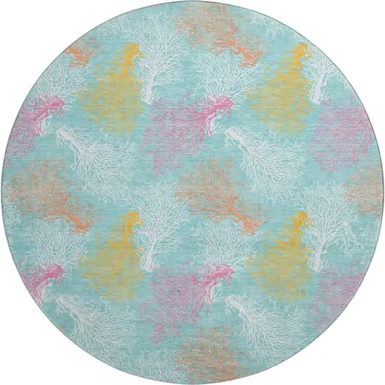 8' Aqua Orange And Pink Geometric Washable Round Rug With UV Protection Photo 2