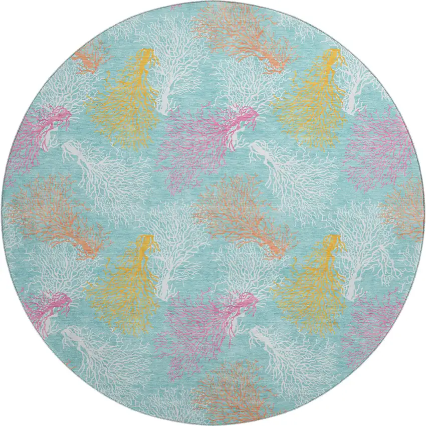 8' Aqua Orange And Pink Geometric Washable Round Rug With UV Protection Photo 2