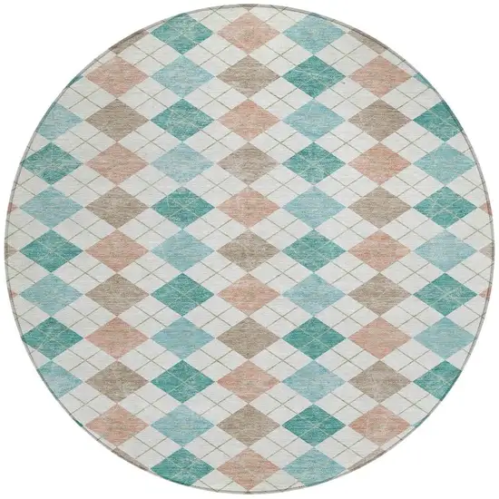 8' Aqua Peach And Ivory Round Geometric Washable Indoor Outdoor Area Rug Photo 4