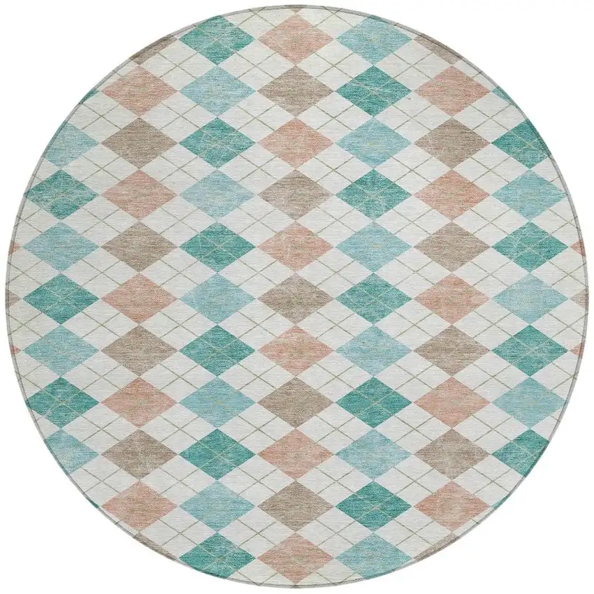 8' Aqua Peach And Ivory Round Geometric Washable Indoor Outdoor Area Rug Photo 4