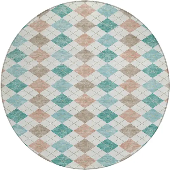 8' Aqua Peach And Ivory Round Geometric Washable Indoor Outdoor Area Rug Photo 2
