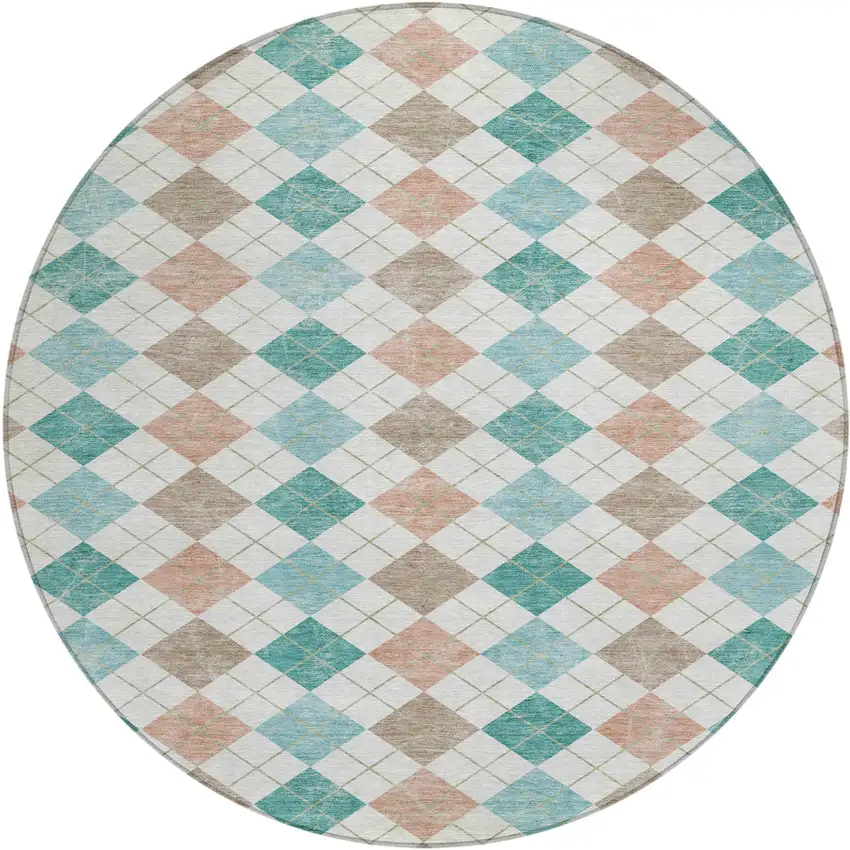 8' Aqua Peach And Ivory Round Geometric Washable Indoor Outdoor Area Rug Photo 2