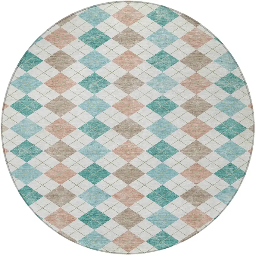8' Aqua Peach And Ivory Round Geometric Washable Indoor Outdoor Area Rug Photo 5