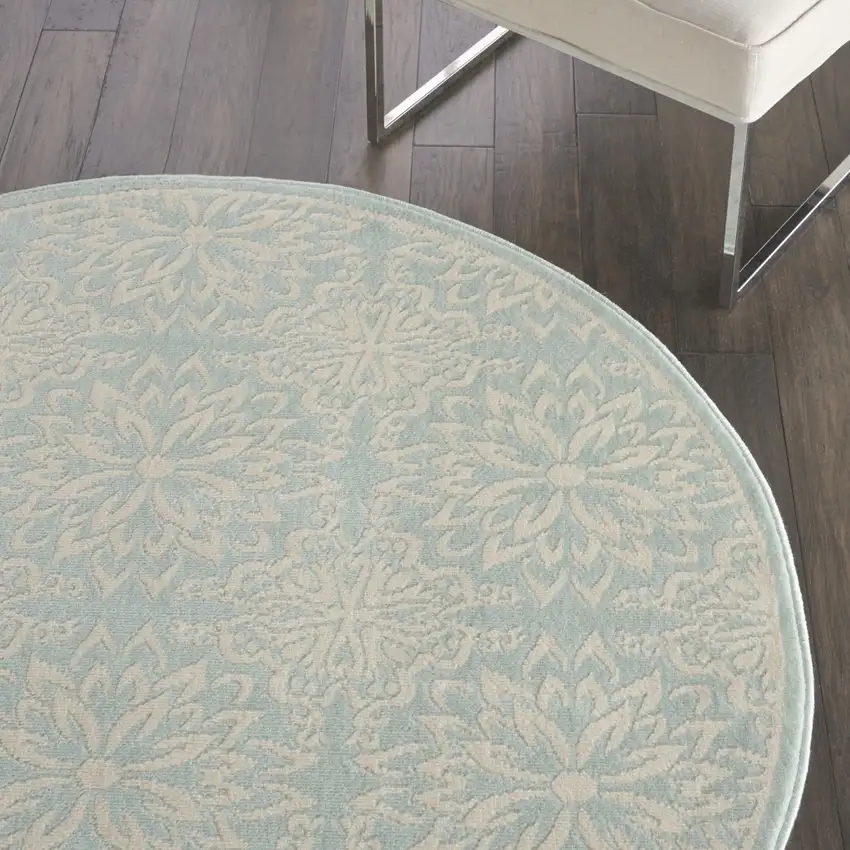 5' Aqua Round Floral Power Loom Area Rug Photo 6