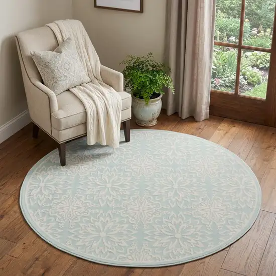 5' Aqua Round Floral Power Loom Area Rug Photo 1