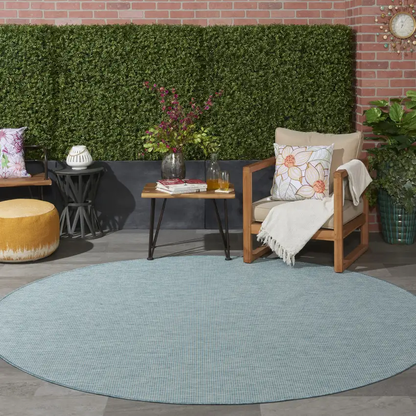8' Aqua Round Power Loom Area Rug Photo 7