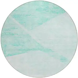 Photo of 8' Aqua Sky Blue And Ivory Round Abstract Washable Indoor Outdoor Area Rug