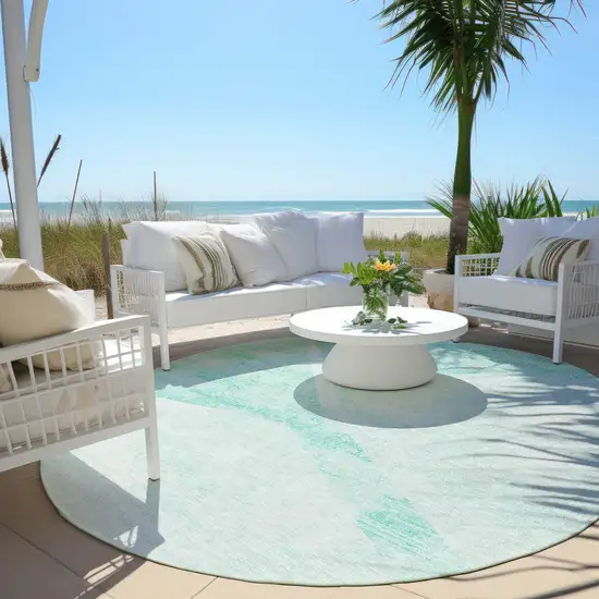 8' Aqua Sky Blue And Ivory Round Abstract Washable Indoor Outdoor Area Rug Photo 6