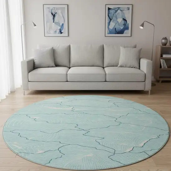 8' Aqua Teal And Ivory Abstract Washable Round Rug With UV Protection Photo 2