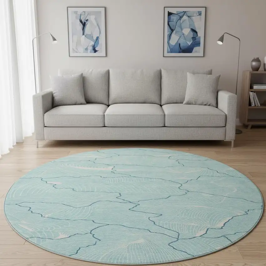 8' Aqua Teal And Ivory Abstract Washable Round Rug With UV Protection Photo 2