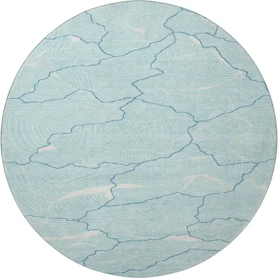 8' Aqua Teal And Ivory Abstract Washable Round Rug With UV Protection Photo 3