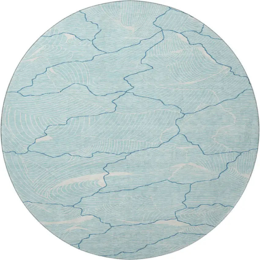 8' Aqua Teal And Ivory Abstract Washable Round Rug With UV Protection Photo 3