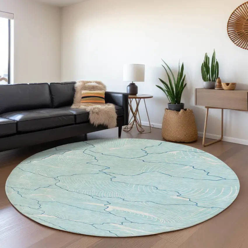8' Aqua Teal And Ivory Abstract Washable Round Rug With UV Protection Photo 4