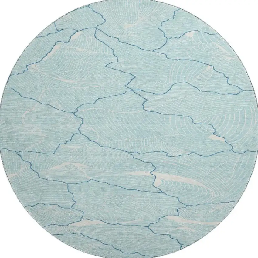 8' Aqua Teal And Ivory Abstract Washable Round Rug With UV Protection Photo 2