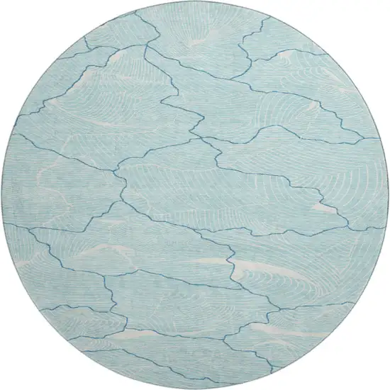 8' Aqua Teal And Ivory Abstract Washable Round Rug With UV Protection Photo 1