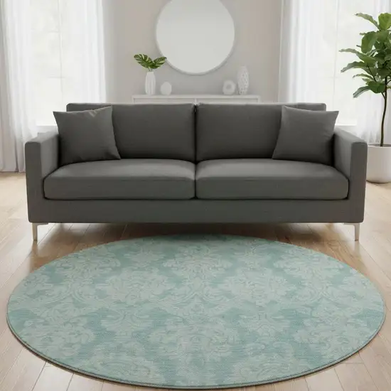 8' Aqua Teal And Ivory Damask Washable Round Rug With UV Protection Photo 2