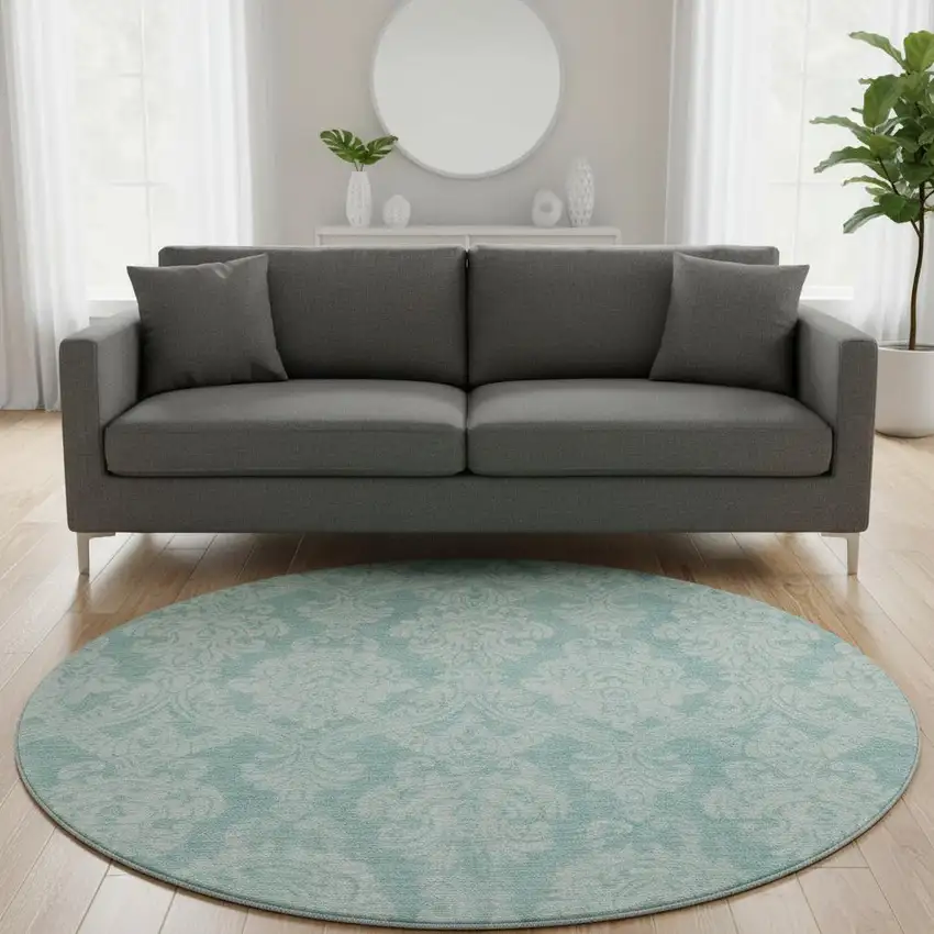 8' Aqua Teal And Ivory Damask Washable Round Rug With UV Protection Photo 2