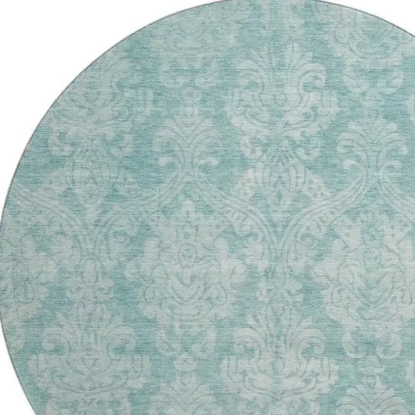 8' Aqua Teal And Ivory Damask Washable Round Rug With UV Protection Photo 2