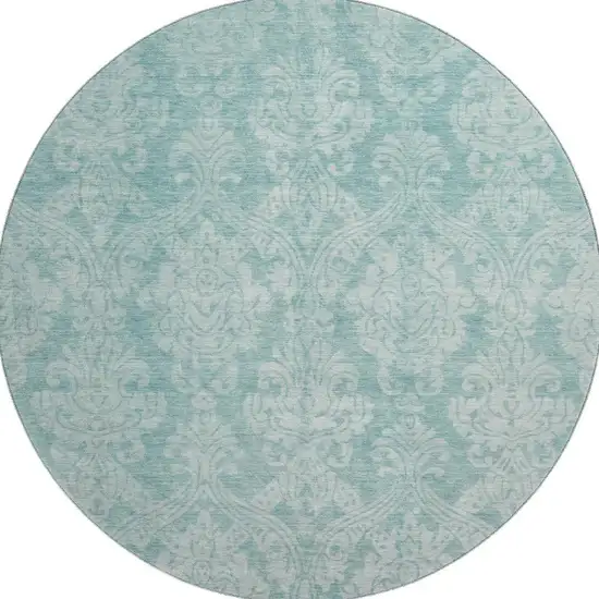 8' Aqua Teal And Ivory Damask Washable Round Rug With UV Protection Photo 3