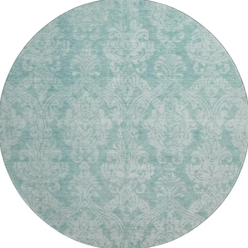 8' Aqua Teal And Ivory Damask Washable Round Rug With UV Protection Photo 3