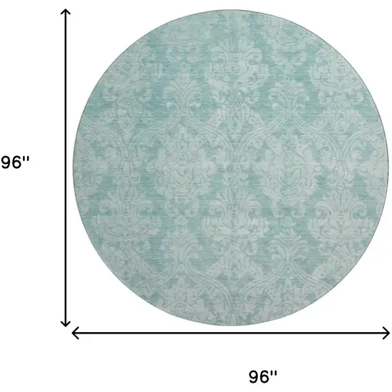 8' Aqua Teal And Ivory Damask Washable Round Rug With UV Protection Photo 9