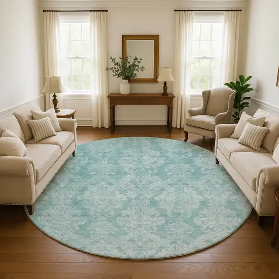 8' Aqua Teal And Ivory Damask Washable Round Rug With UV Protection Photo 4