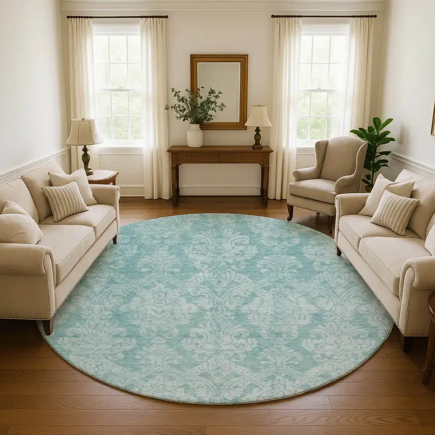 8' Aqua Teal And Ivory Damask Washable Round Rug With UV Protection Photo 4