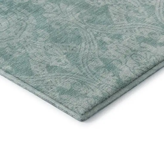 8' Aqua Teal And Ivory Damask Washable Round Rug With UV Protection Photo 6