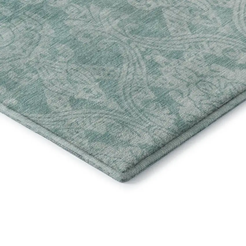 8' Aqua Teal And Ivory Damask Washable Round Rug With UV Protection Photo 6