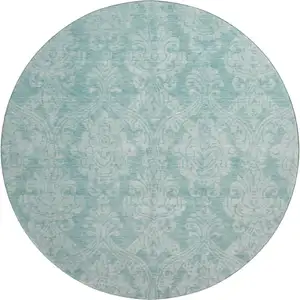 Photo of 8' Aqua Teal And Ivory Damask Washable Round Rug With UV Protection
