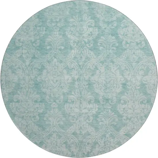 8' Aqua Teal And Ivory Damask Washable Round Rug With UV Protection Photo 1