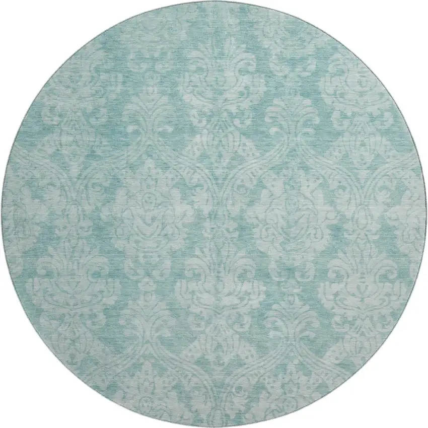 8' Aqua Teal And Ivory Damask Washable Round Rug With UV Protection Photo 1