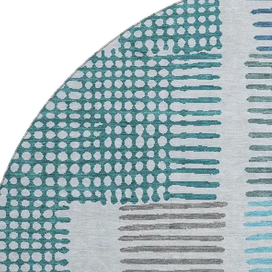 8' Aqua Teal And Ivory Geometric Washable Round Rug With UV Protection Photo 3