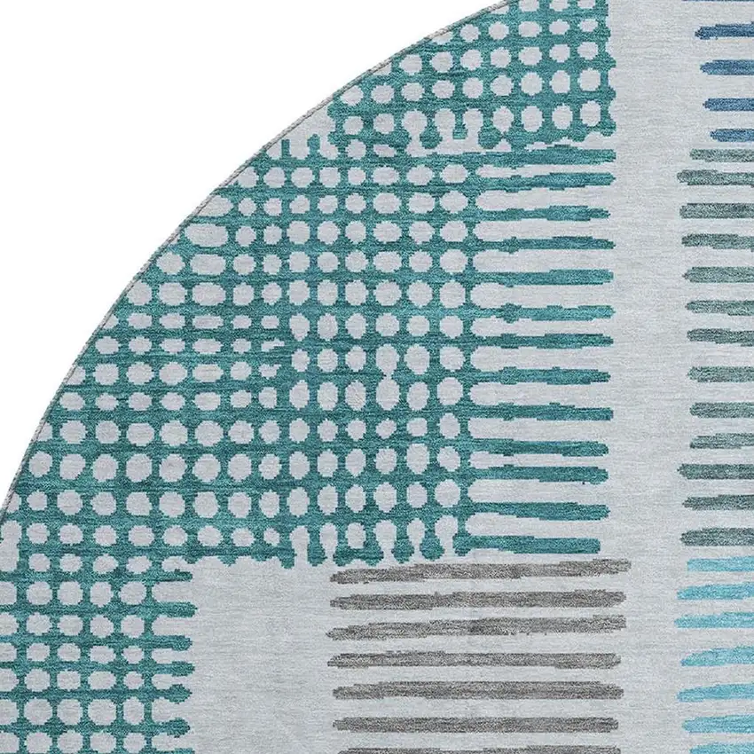 8' Aqua Teal And Ivory Geometric Washable Round Rug With UV Protection Photo 3