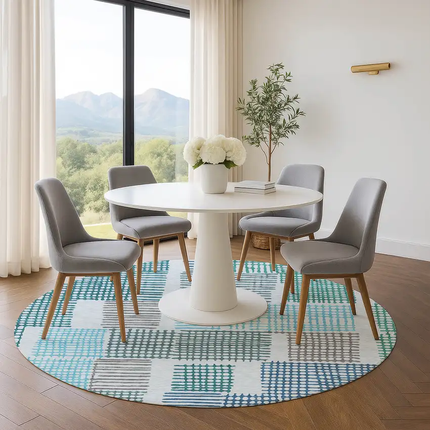 8' Aqua Teal And Ivory Geometric Washable Round Rug With UV Protection Photo 5