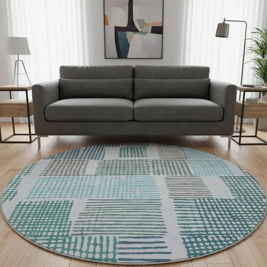 8' Aqua Teal And Ivory Geometric Washable Round Rug With UV Protection Photo 2