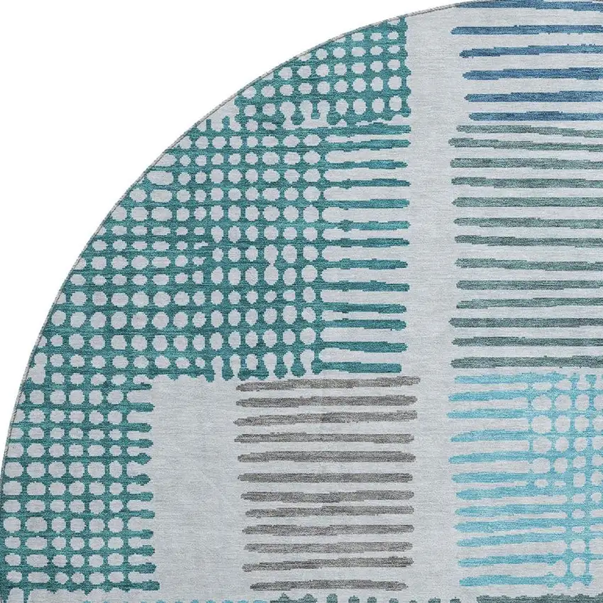 8' Aqua Teal And Ivory Geometric Washable Round Rug With UV Protection Photo 4