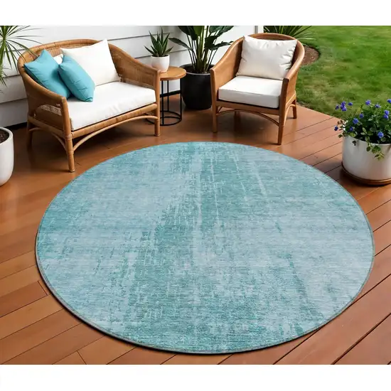 8' Aqua Teal Blue And Gray Round Abstract Washable Indoor Outdoor Area Rug Photo 2