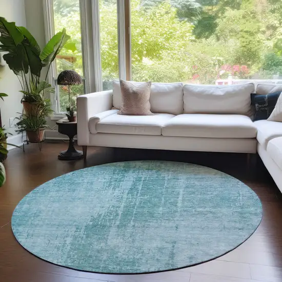 8' Aqua Teal Blue And Gray Round Abstract Washable Indoor Outdoor Area Rug Photo 6