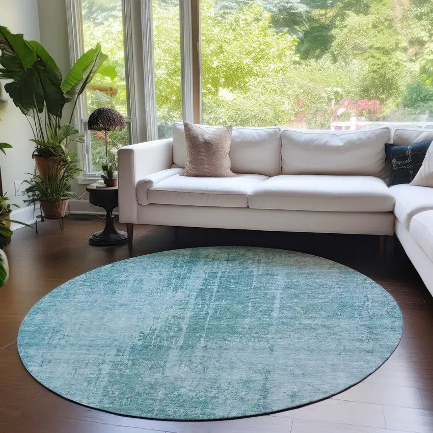 8' Aqua Teal Blue And Gray Round Abstract Washable Indoor Outdoor Area Rug Photo 6