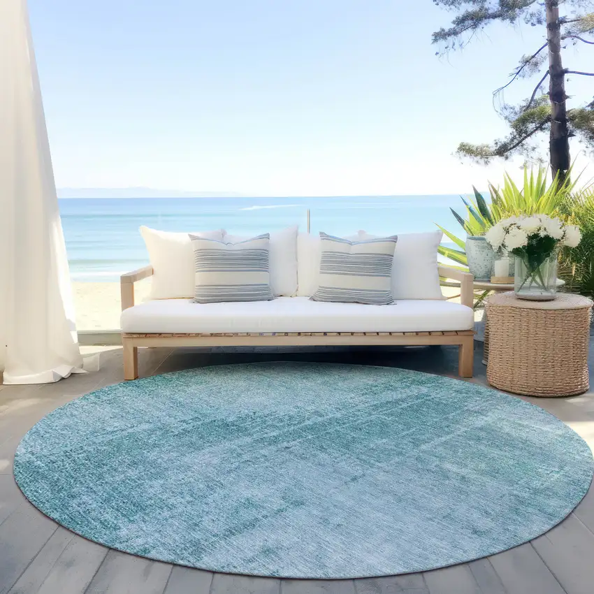 8' Aqua Teal Blue And Gray Round Abstract Washable Indoor Outdoor Area Rug Photo 5