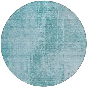 Photo of 8' Aqua Teal Blue And Gray Round Abstract Washable Indoor Outdoor Area Rug