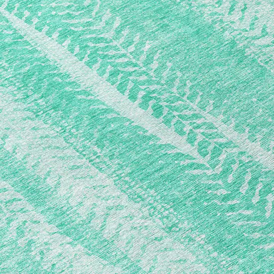 8' Aqua Teal Blue And Ivory Round Botanical Leaves Washable Indoor Outdoor Area Rug Photo 8