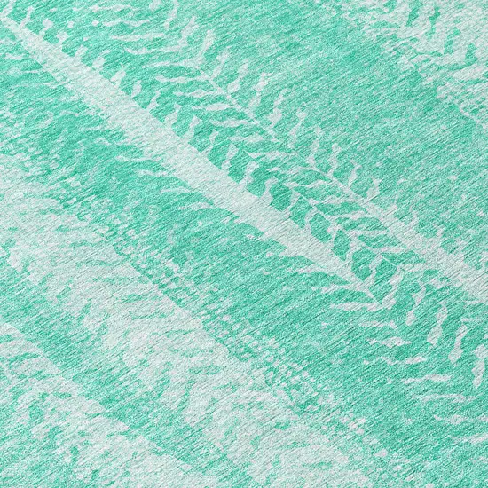 8' Aqua Teal Blue And Ivory Round Botanical Leaves Washable Indoor Outdoor Area Rug Photo 8