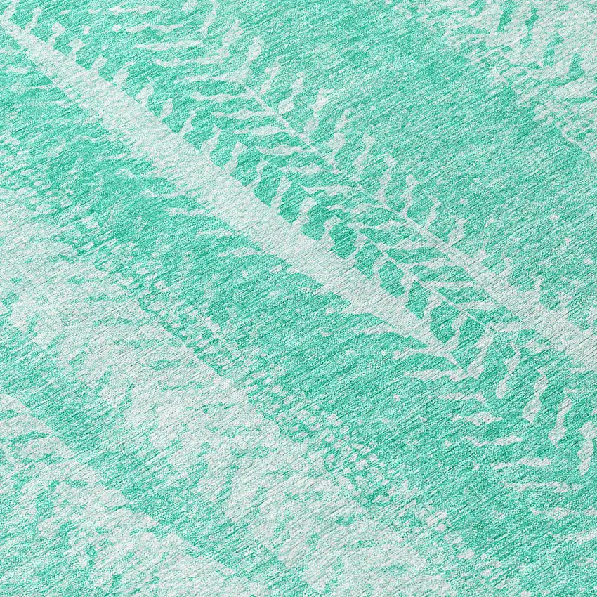 8' Aqua Teal Blue And Ivory Round Botanical Leaves Washable Indoor Outdoor Area Rug Photo 8