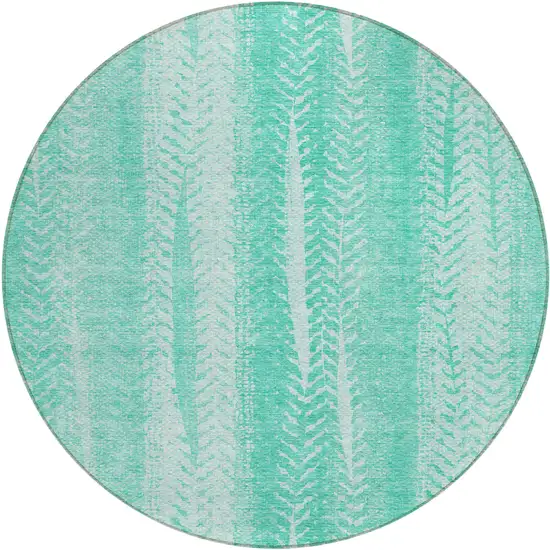 8' Aqua Teal Blue And Ivory Round Botanical Leaves Washable Indoor Outdoor Area Rug Photo 2