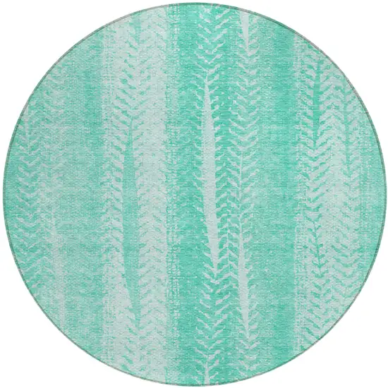 8' Aqua Teal Blue And Ivory Round Botanical Leaves Washable Indoor Outdoor Area Rug Photo 2